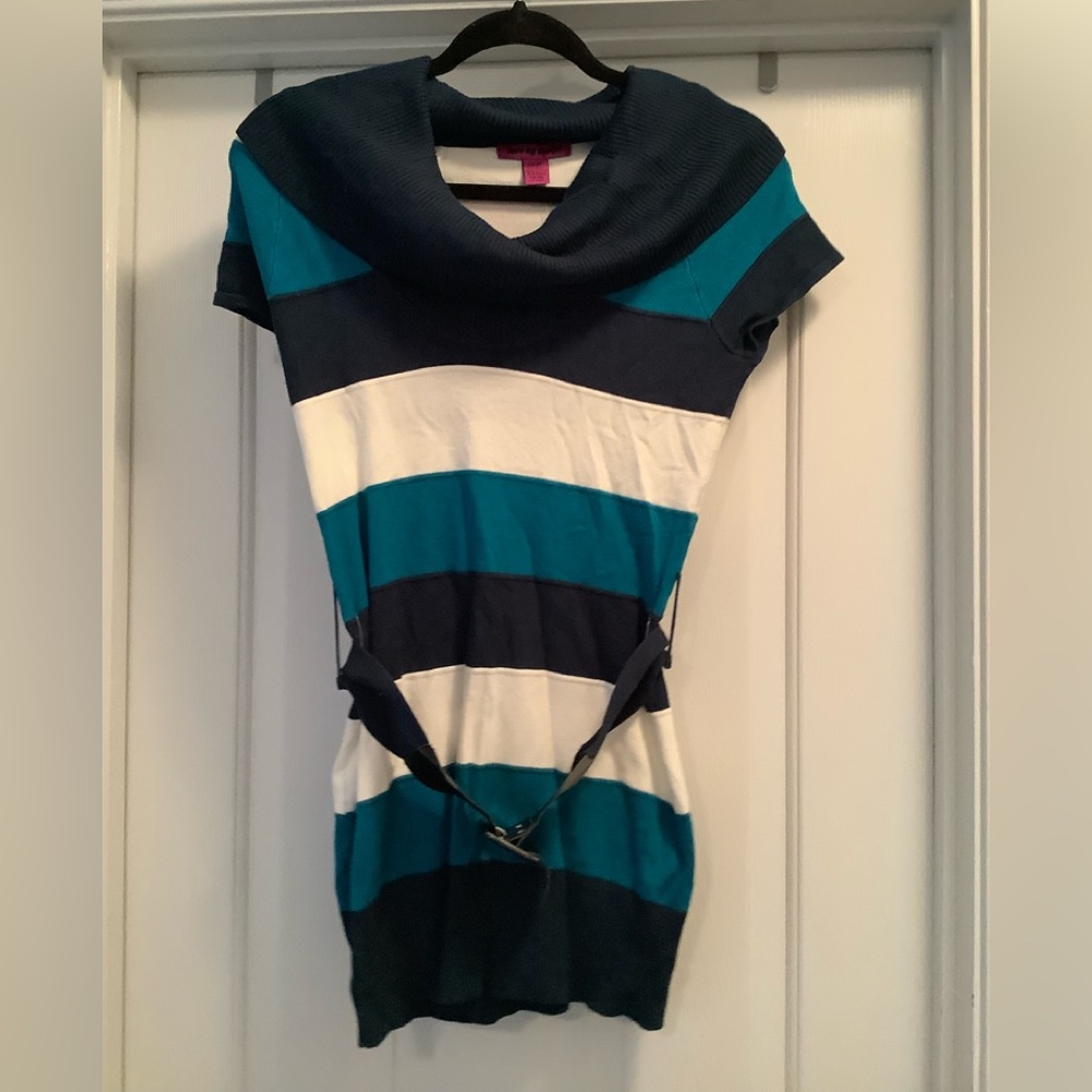 love by design Blue And Dark Teal Cowl Next Short-sleeve Belted Top Junior Lg